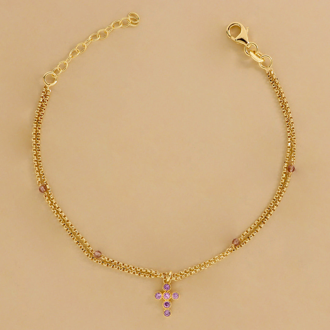 Bracciale Doppio Filo con Sfere Colorate e Croce