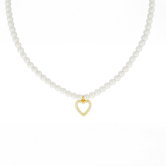 Collana Di Perle Con Pendente a Cuore e Strass
