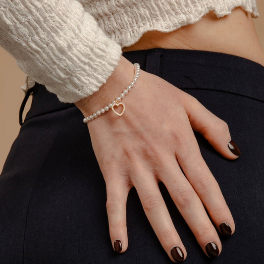 Bracciale Di Perle Con Pendente a Cuore e Strass