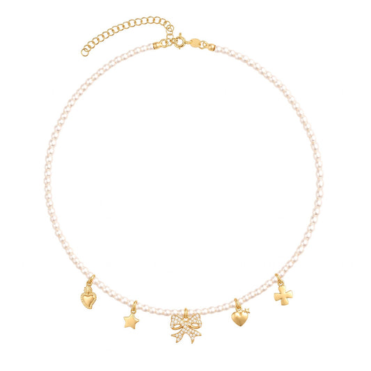 Collana Choker Multicharms di Perle con Pendente Zirconato Fiocco e Ippocampo