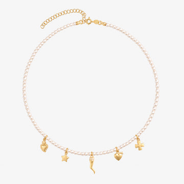 Collana Choker Multicharms di Perle e Ciondolo Portafortuna