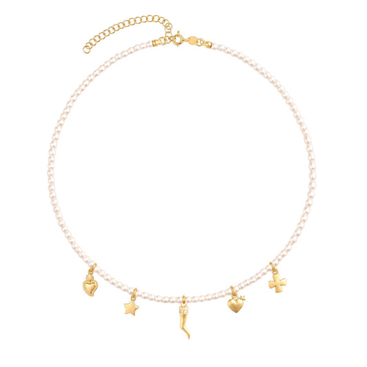 Collana Choker Multicharms di Perle e Ciondolo Portafortuna