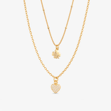Collana Doppia Con Pendente Cuore Zirconato e Quadrifoglio