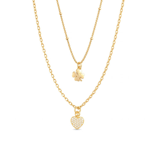 Collana Doppia Con Pendente Cuore Zirconato e Quadrifoglio