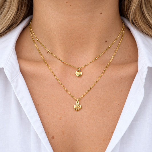 Collana Doppia Con Pendente Cuore e Quadrifoglio