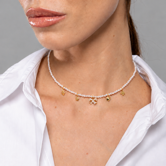 Collana Choker Multicharms di Perle con Pendente Zirconato Fiocco e Ippocampo